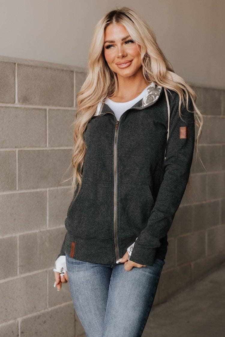 FullZip Sweatshirt hoodie, dark gray with floral accent in hood all I need