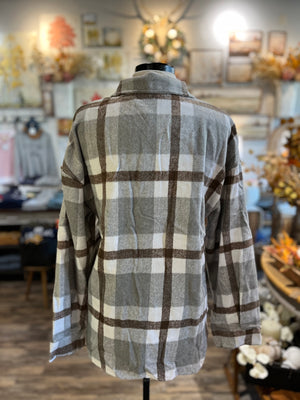 Women's Plaid Button Flannel Shirt Jacket: Light Gray and Brown / 100%Polyester