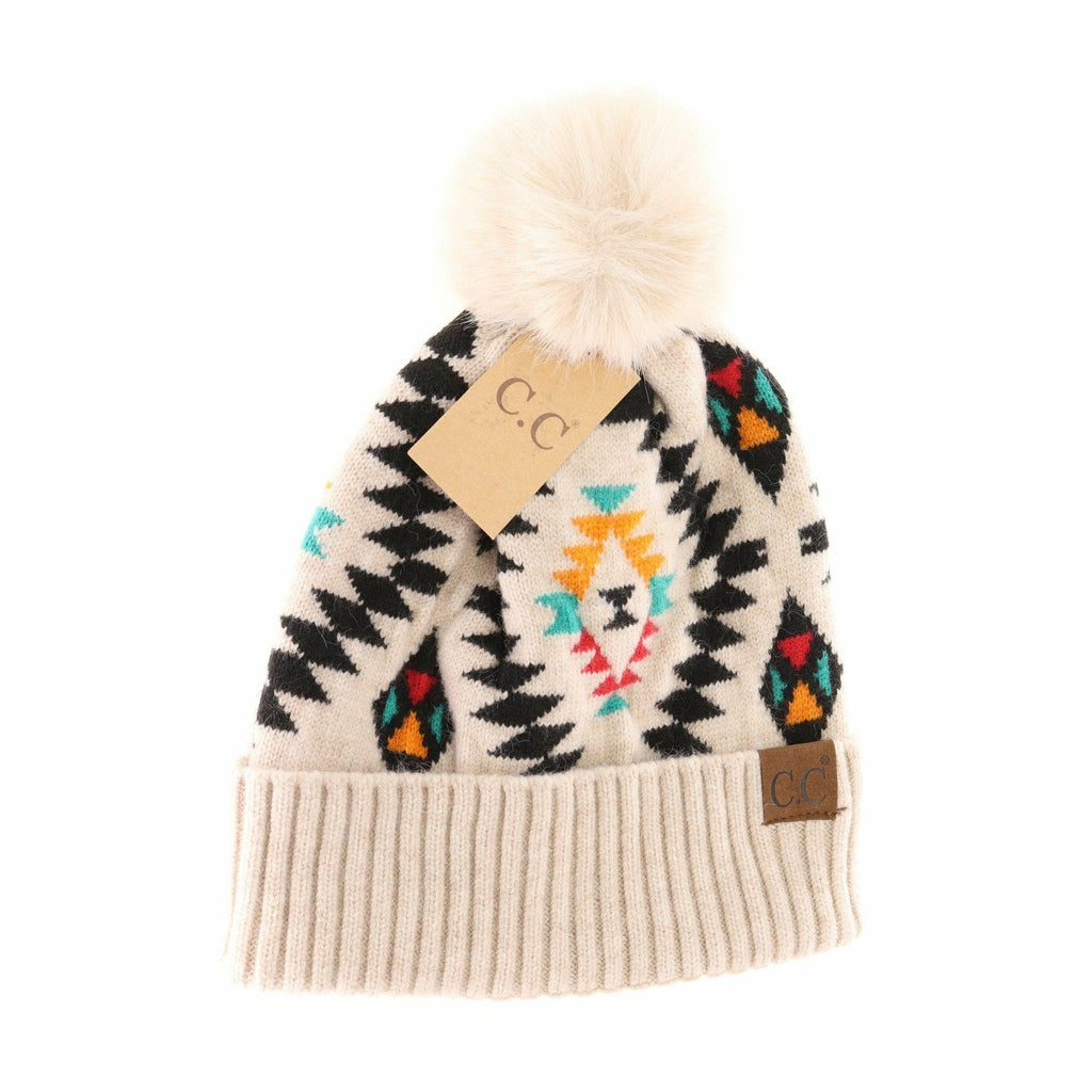 Aztec Patterned Faux Fur Pom C.C Beanie HAT3001: Beige