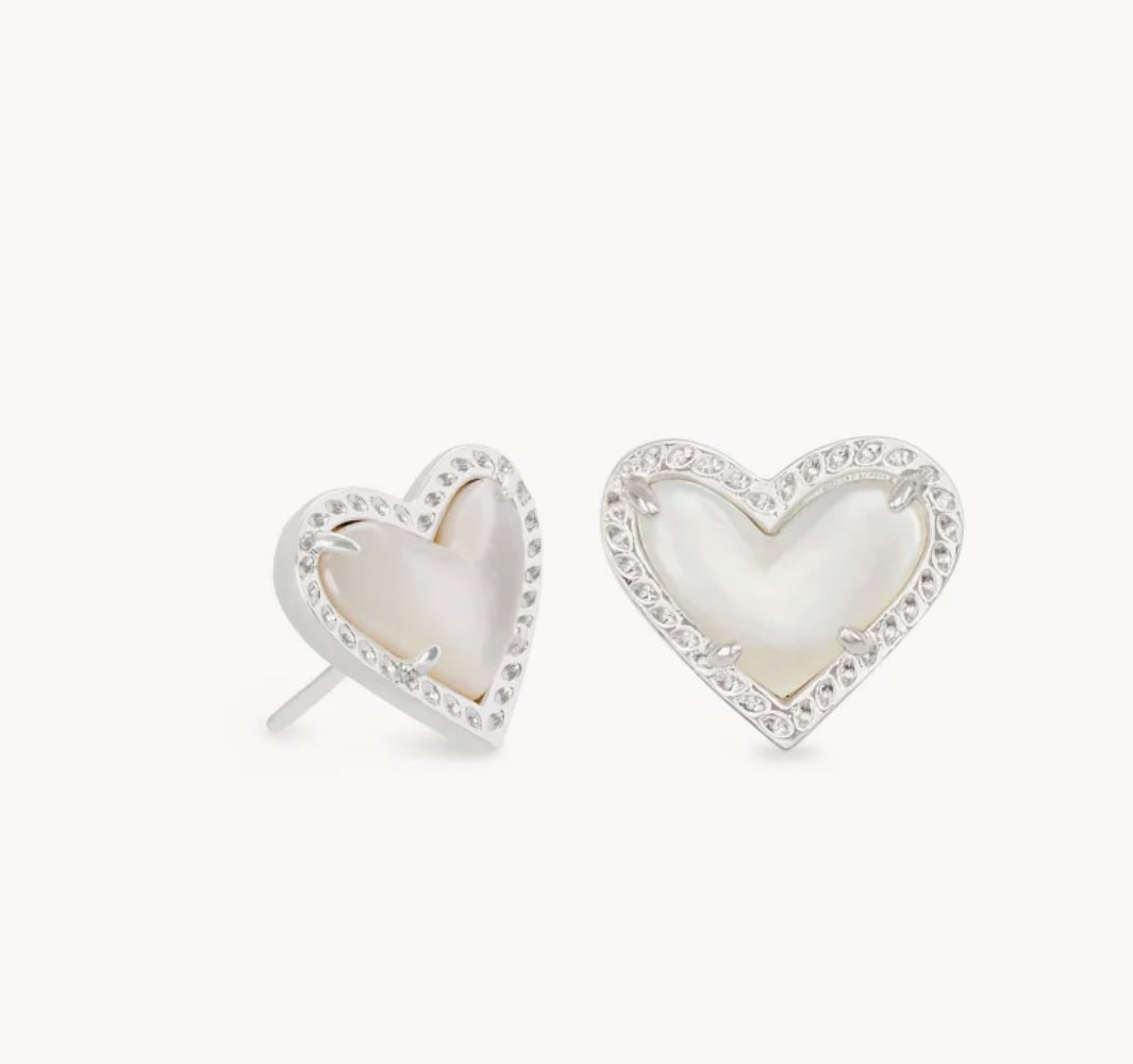 ARI HEART STUD EARRINGS SILVER TONE MOTHER OF PEARL