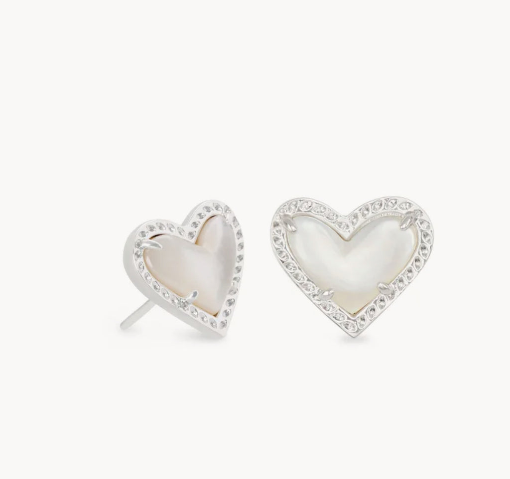 ARI HEART STUD EARRINGS SILVER TONE MOTHER OF PEARL