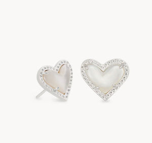 ARI HEART STUD EARRINGS SILVER TONE MOTHER OF PEARL
