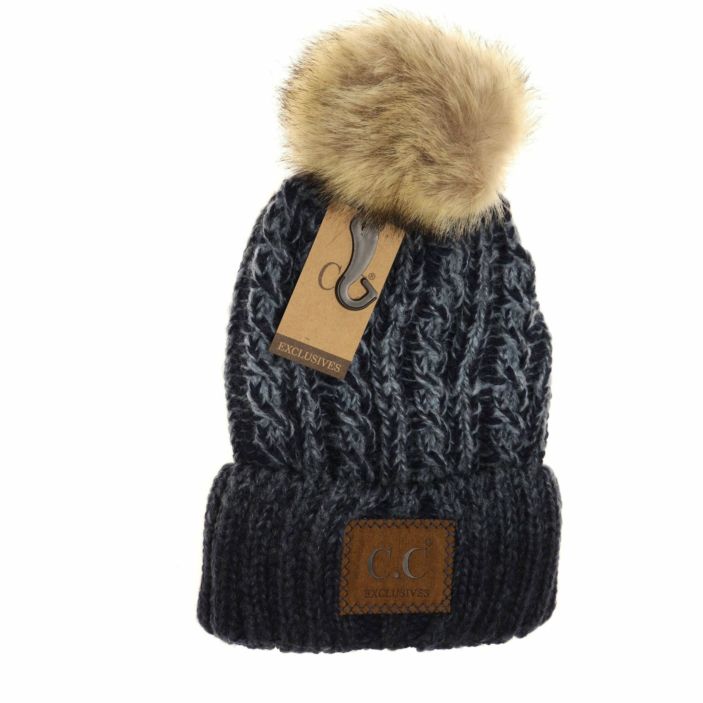 Two-Tone Ombre Vintage Faux Fur Pom Beanie YJ2032: Black