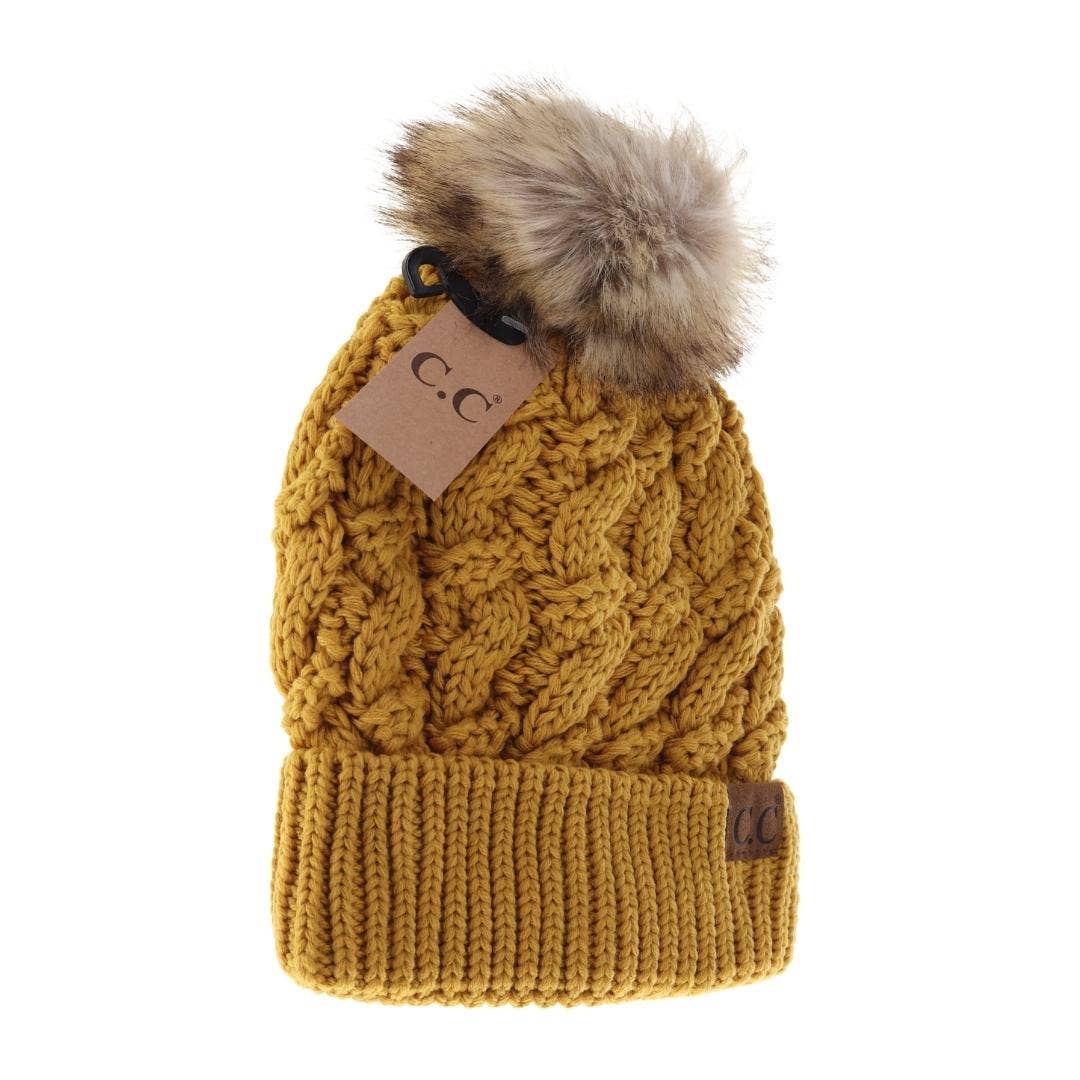 Ribbed Cable Knit Fur Pom Beanie YJ2021: Lt. Grey