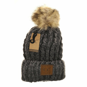 Two-Tone Ombre Vintage Faux Fur Pom Beanie YJ2032: Black