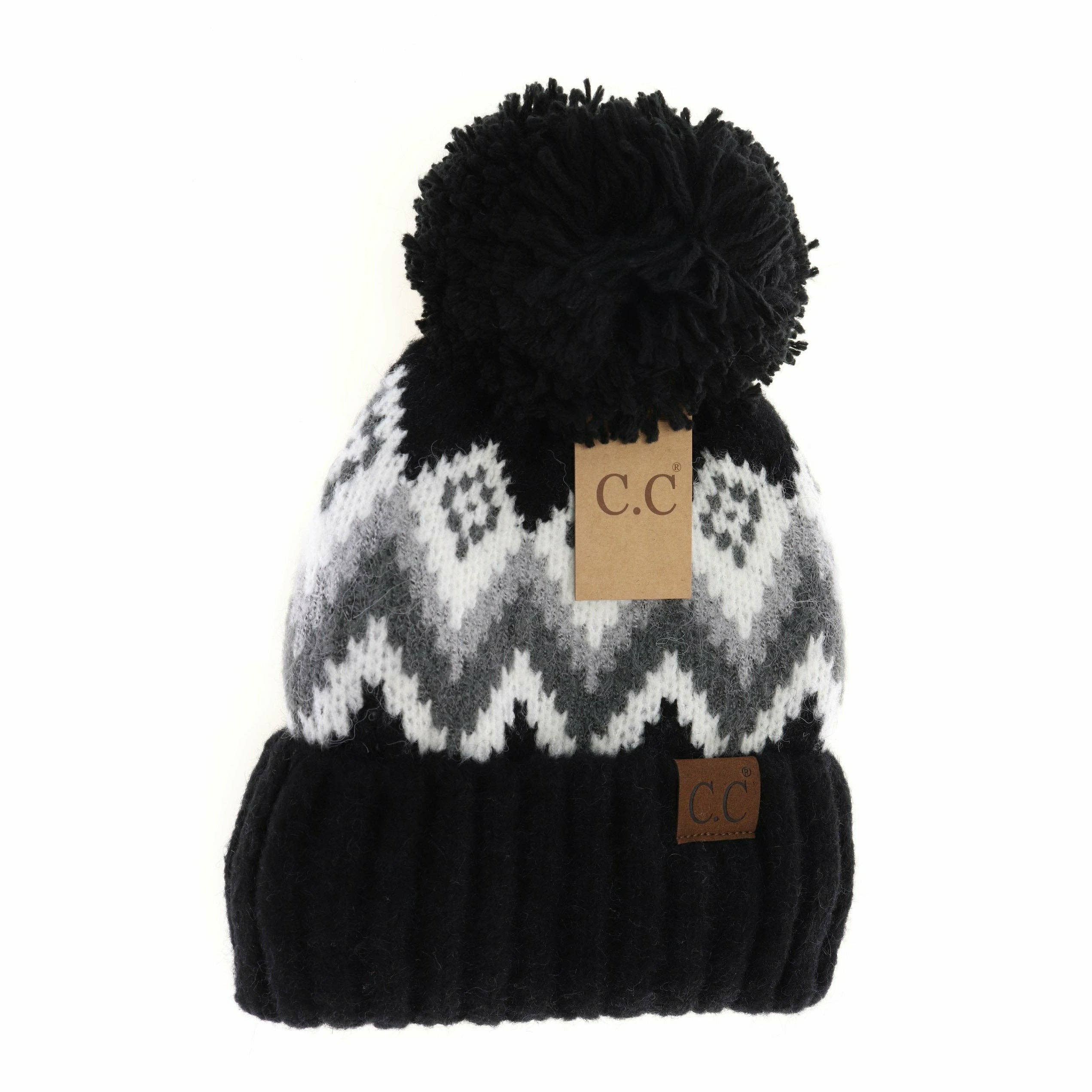 Aztec Chevron Knit Pom C.C Beanie HAT3816: Black