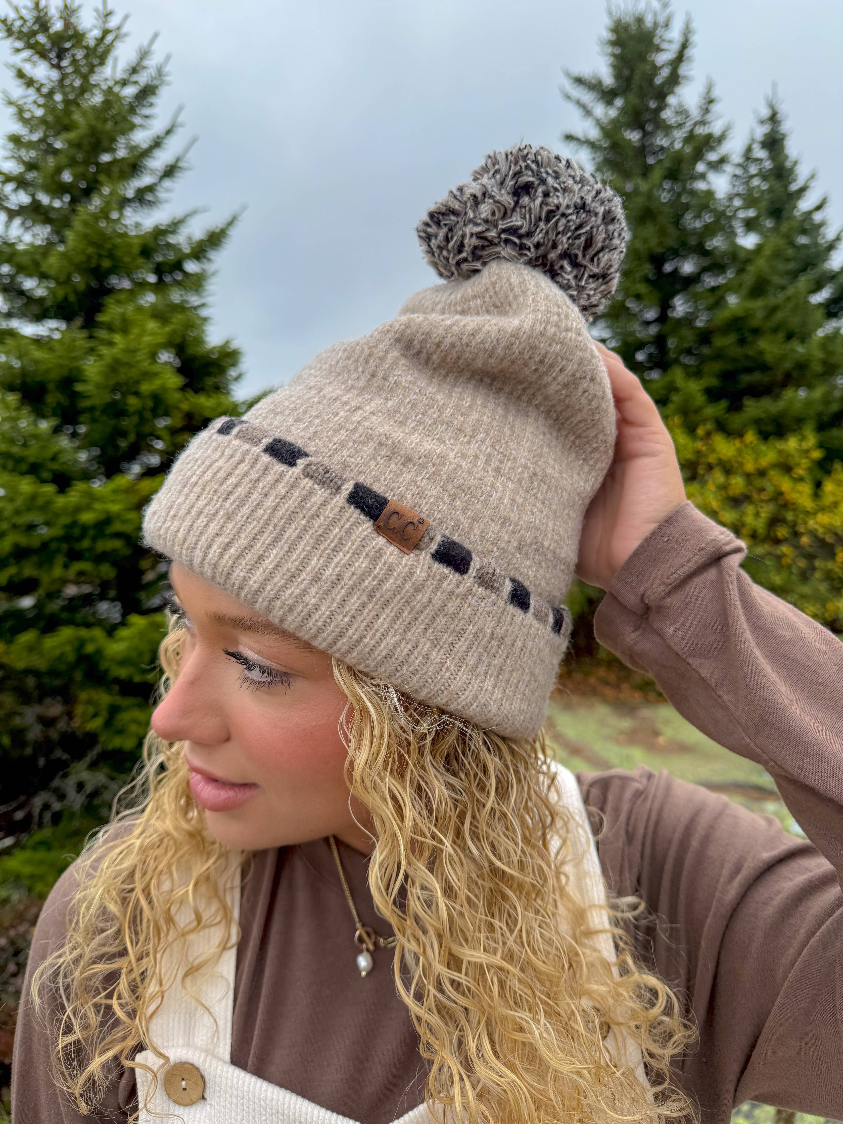 Neutral Horizontal Stripe Cuffed C.C Pom Beanie HTE0121: Black