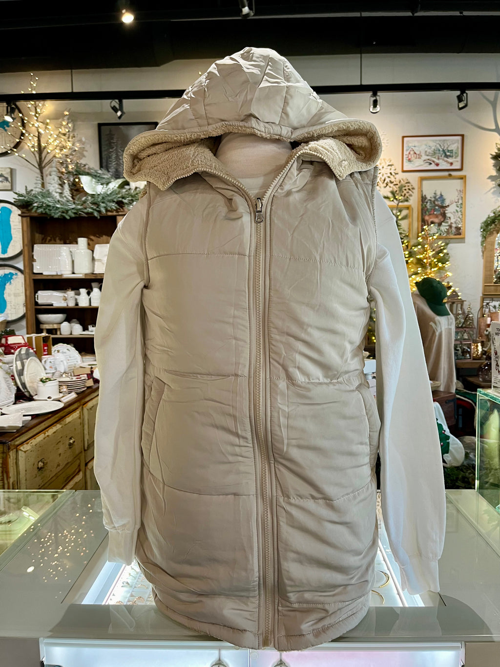 Cream Zip Up Hooded Long Puffer Vest with Teddy Bear Lined