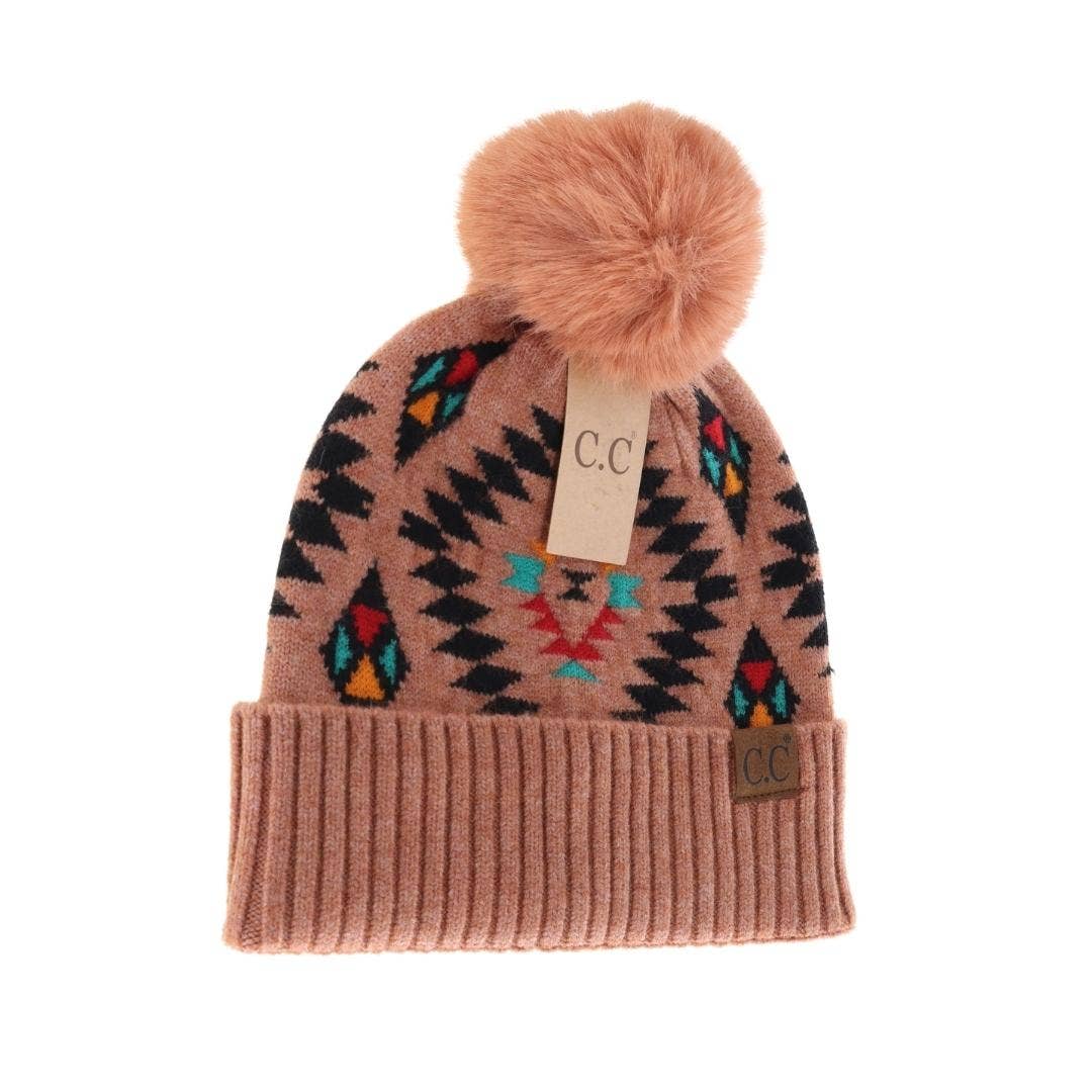 Aztec Patterned Faux Fur Pom C.C Beanie HAT3001: Taupe