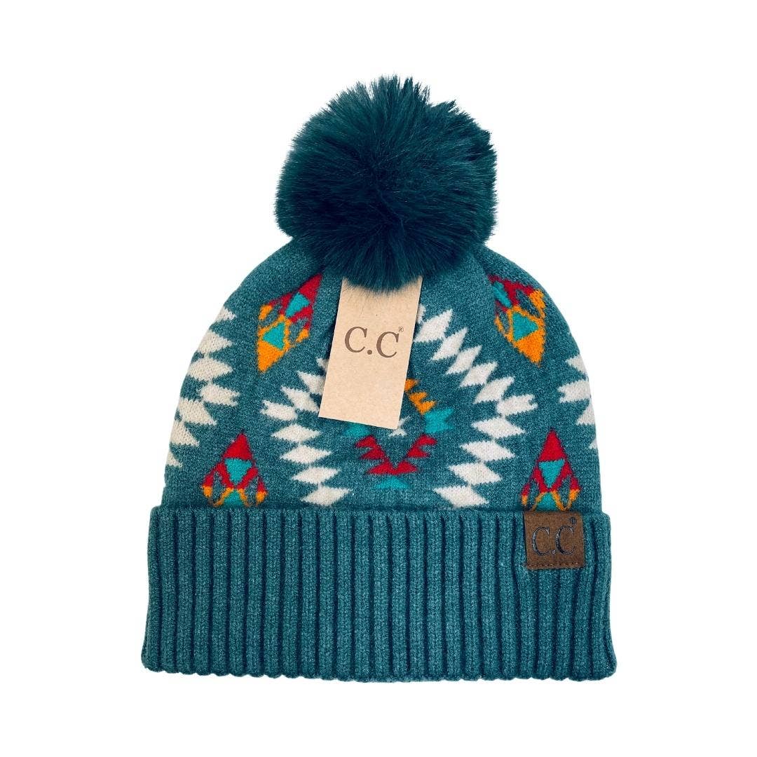Aztec Patterned Faux Fur Pom C.C Beanie HAT3001: Taupe