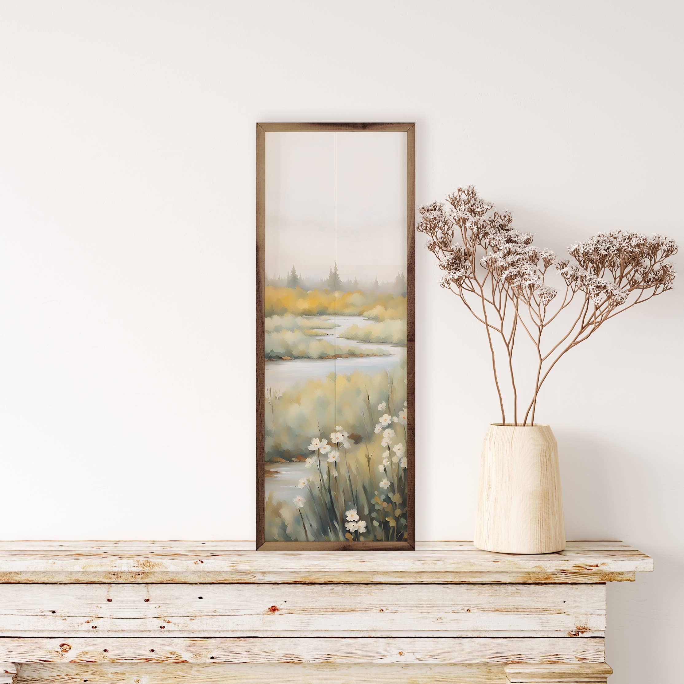 Creek With White Flowers: 8 x 24 x 1.5