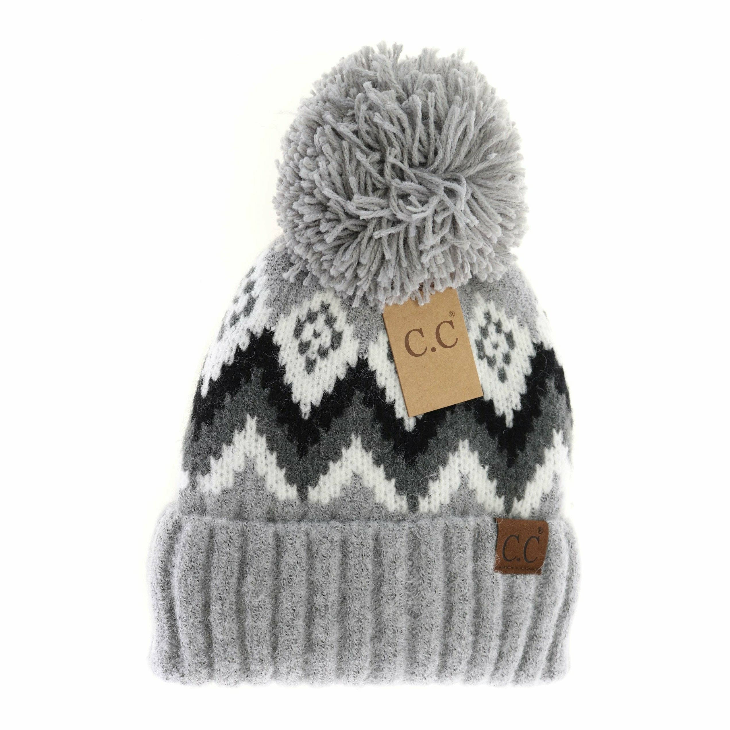 Aztec Chevron Knit Pom C.C Beanie HAT3816: Black
