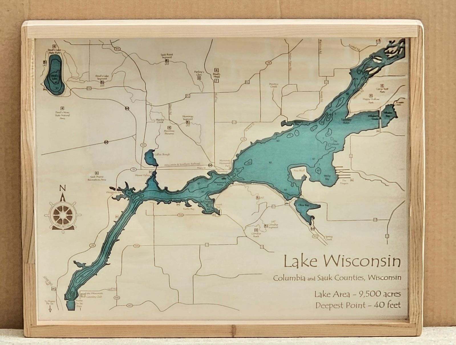 TRAY Lake Wisconsin & Devils Lake Bathymetry Tray 14x18