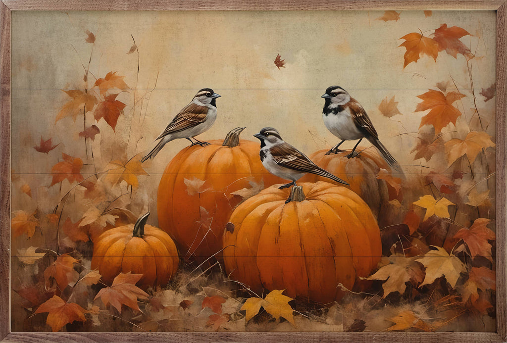 Sparrows On Pumpkins: 16 x 10 x 1.5