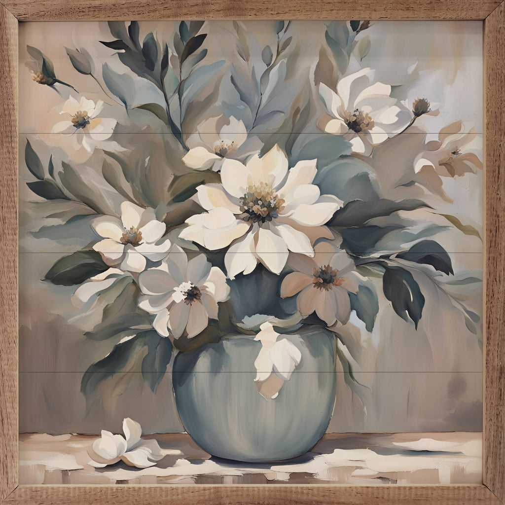 Blue And Tan Florals In Vase: 4 x 4 x 1