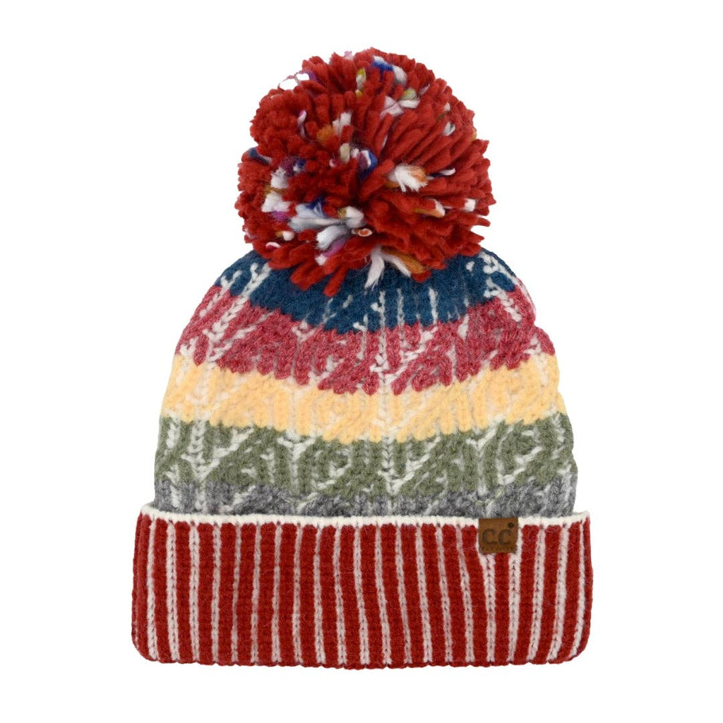 Cable Color Block Pom C.C Beanie HTC0088: Brick