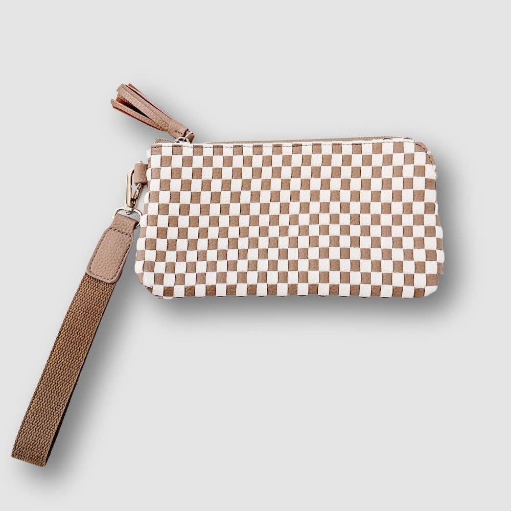 Emma Woven Clutch Wristlet: Tan Checkered