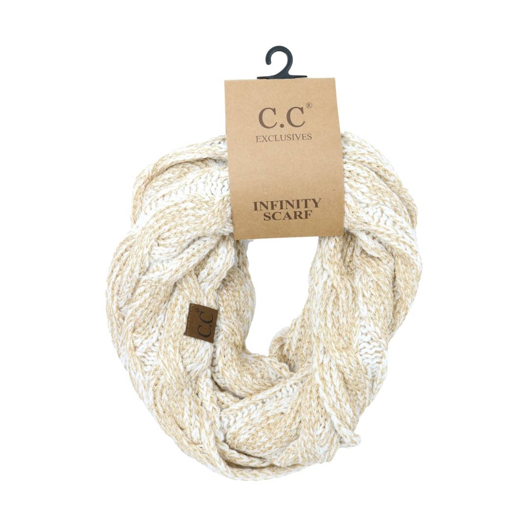 Metallic Cable Knit CC Infinity Scarf SF800MET: Metallic Ivory/Gold