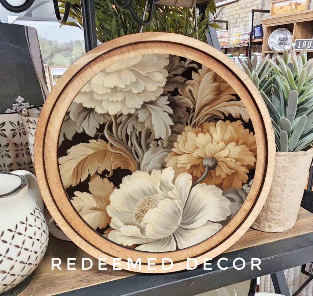 8" Round Floral Neutral Art