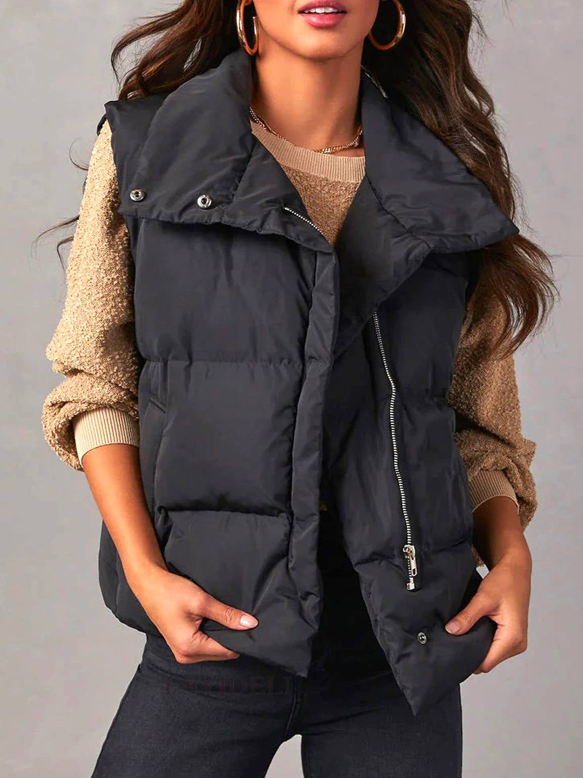 Lapel Zipperless Sleeveless Puffer Jacket Vest Black Red Barn Company Store