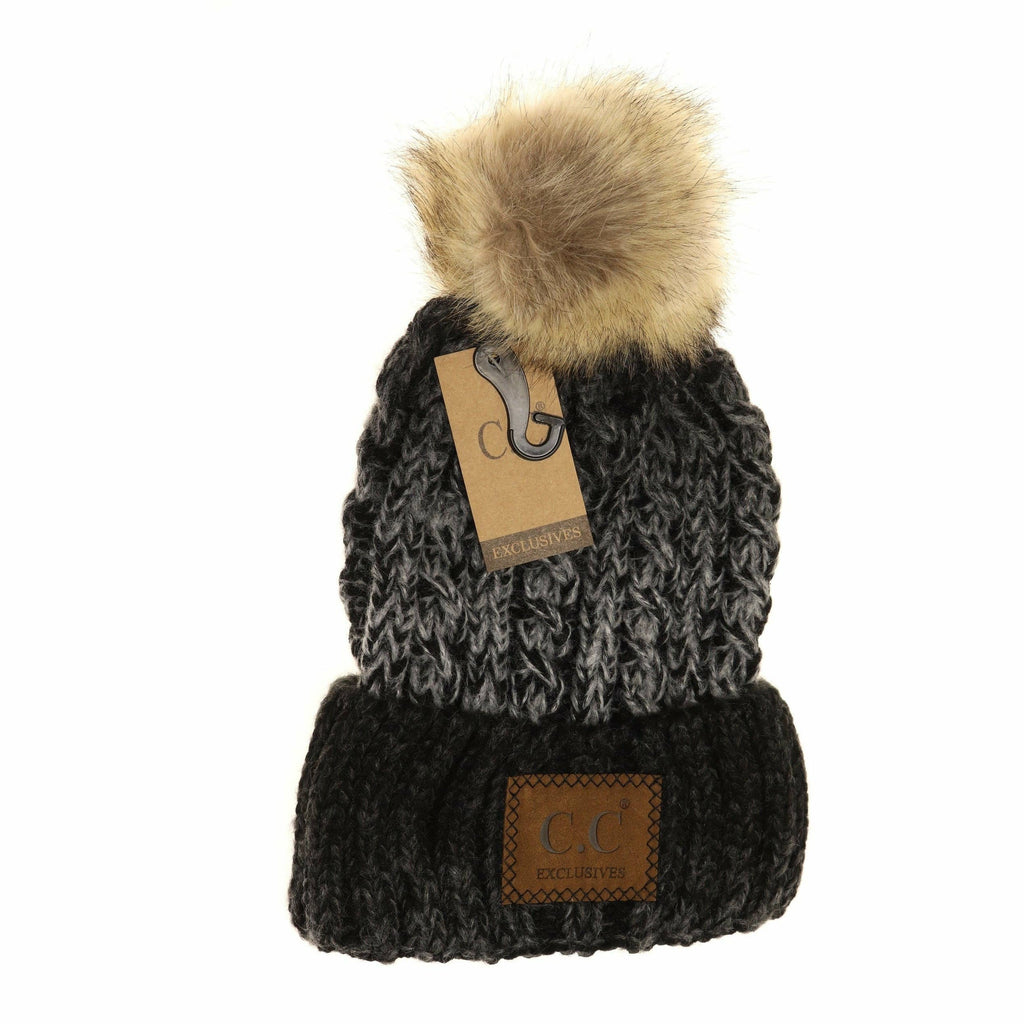 Two-Tone Ombre Vintage Faux Fur Pom Beanie YJ2032: Black