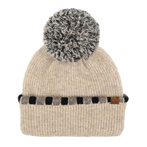 Neutral Horizontal Stripe Cuffed C.C Pom Beanie HTE0121: Black