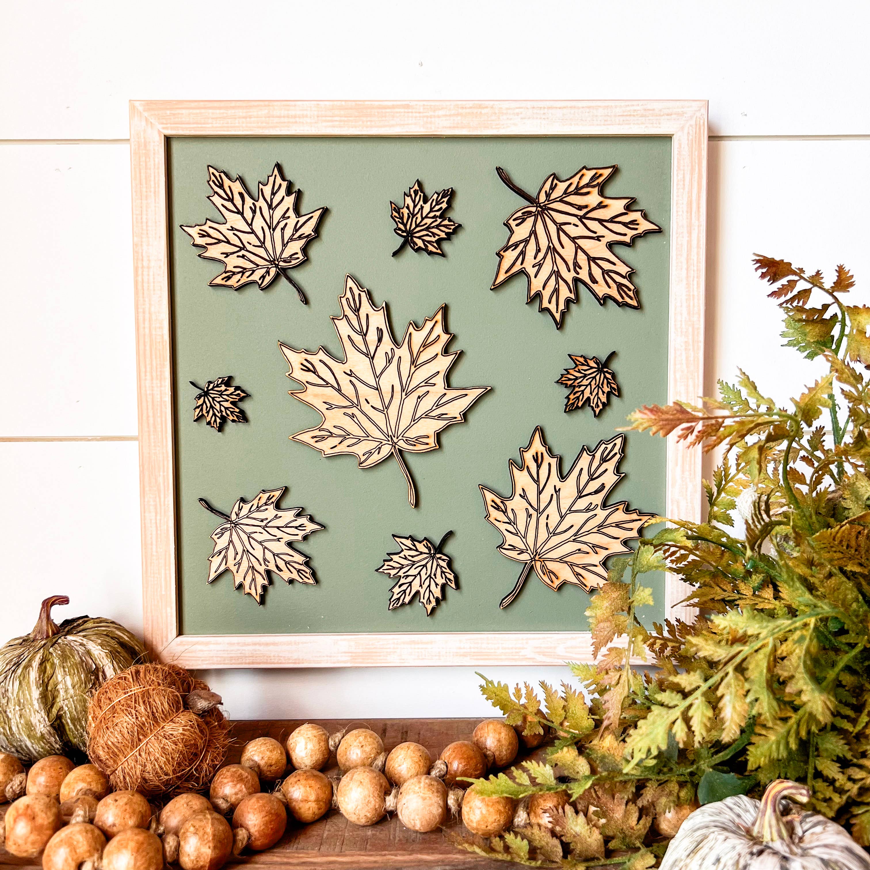 Fall Leaf Laser Cut Wood Sign - Square: Light Frame / 16x16 inches