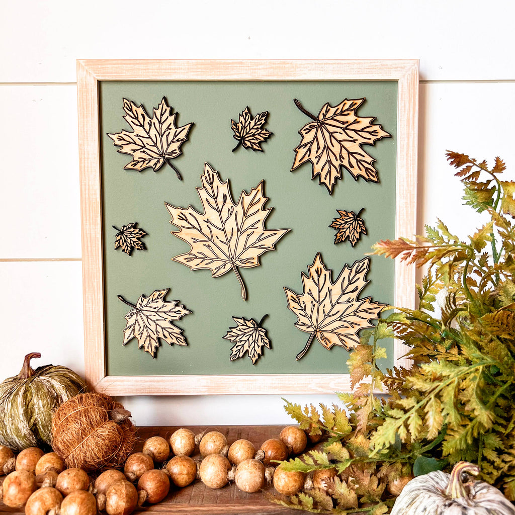 Fall Leaf Laser Cut Wood Sign - Square: Light Frame / 16x16 inches