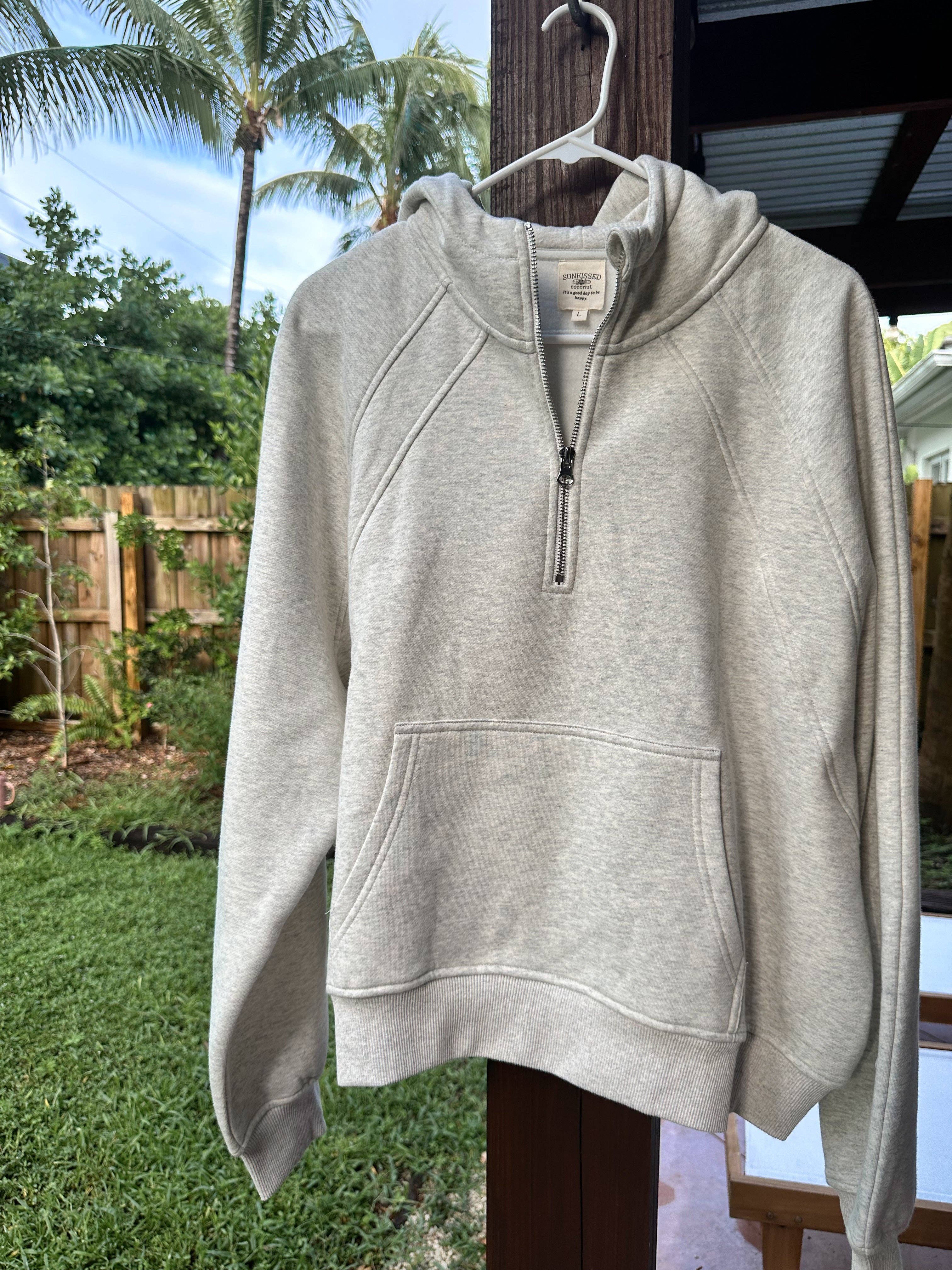 Salty Grey Pilates Detailed Waist Length Quarter Zip Hoodie: Salty Grey