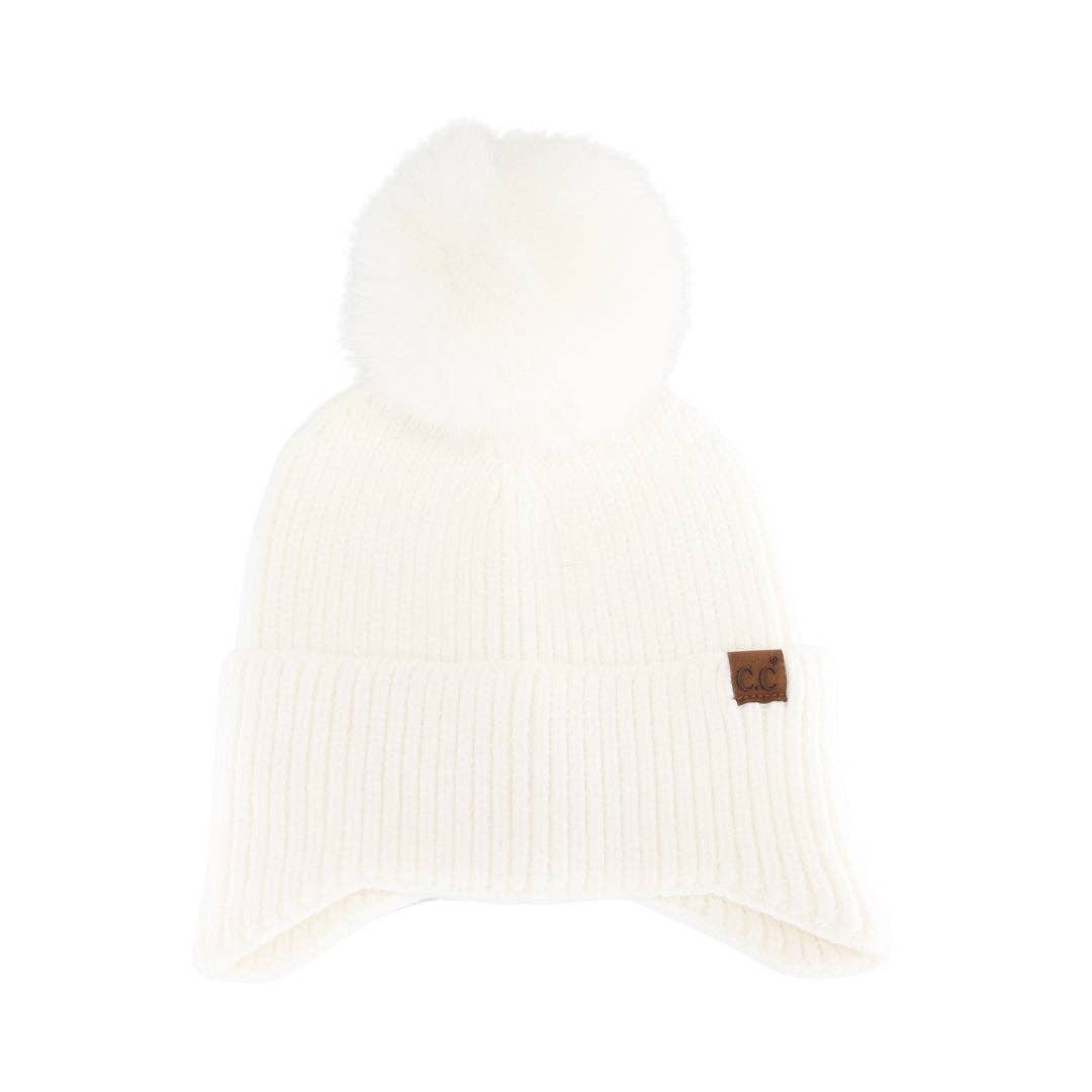 Earflap C.C Faux Fur Pom Beanie HTC0078: Ivory