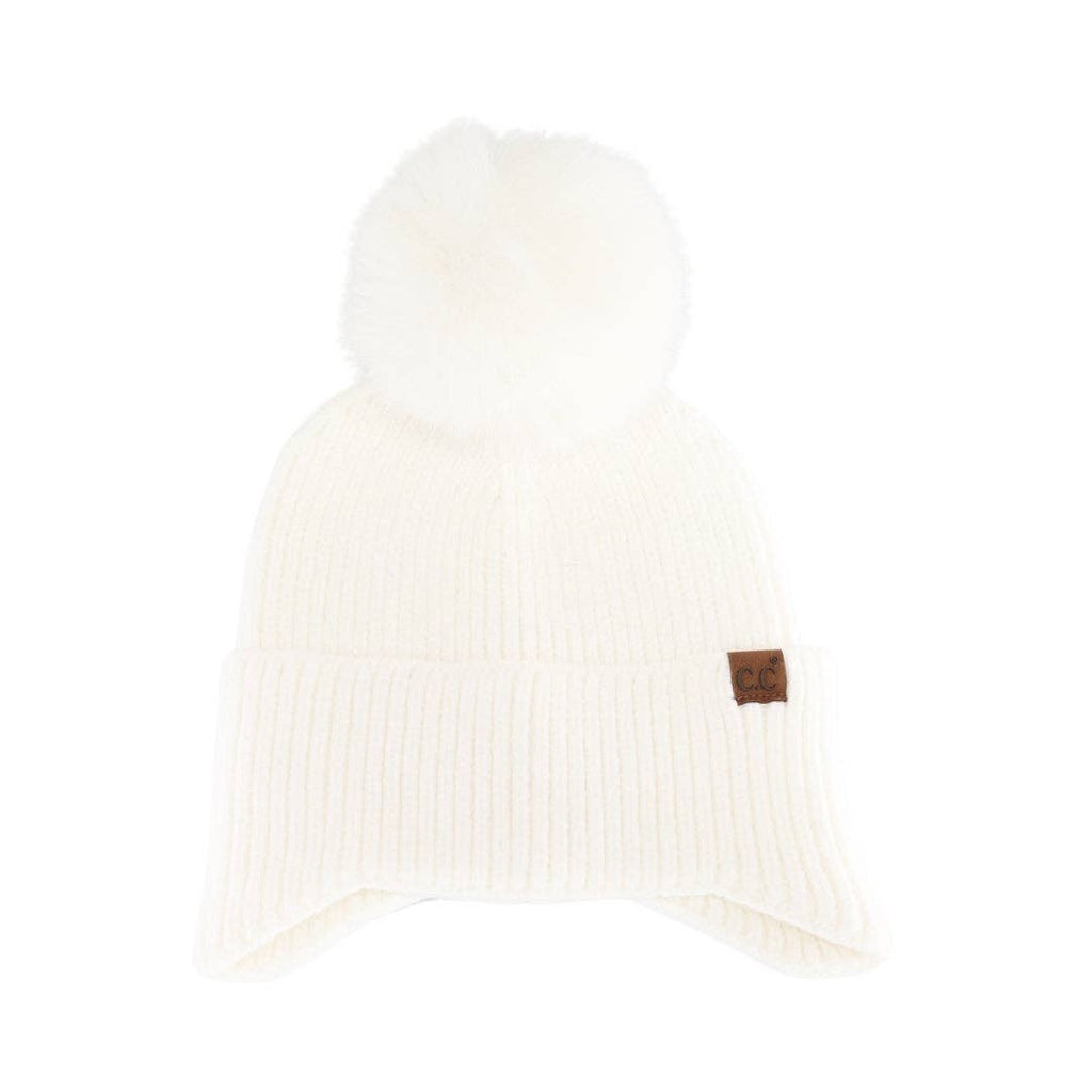 Earflap C.C Faux Fur Pom Beanie HTC0078: Ivory