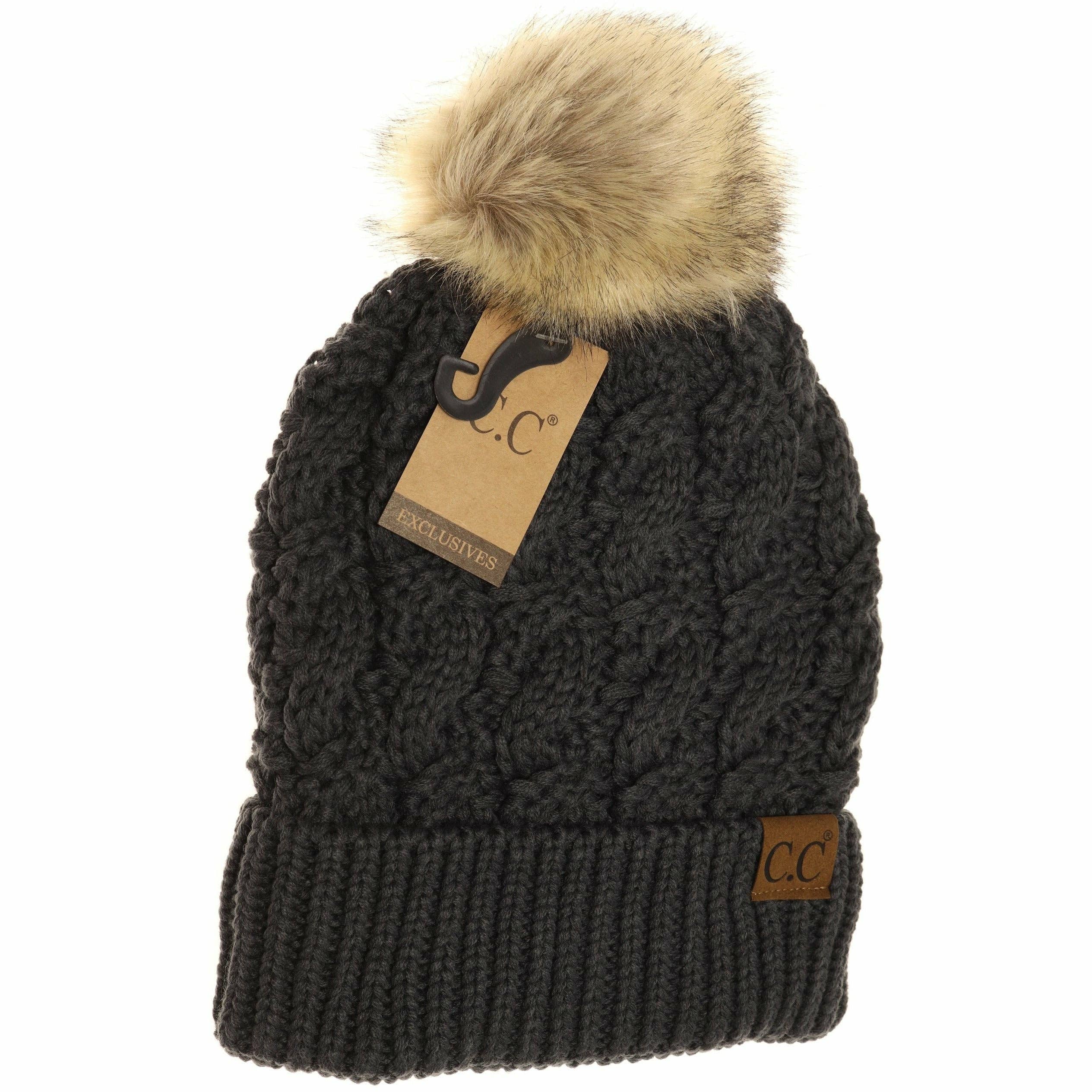 Ribbed Cable Knit Fur Pom Beanie YJ2021: Lt. Grey