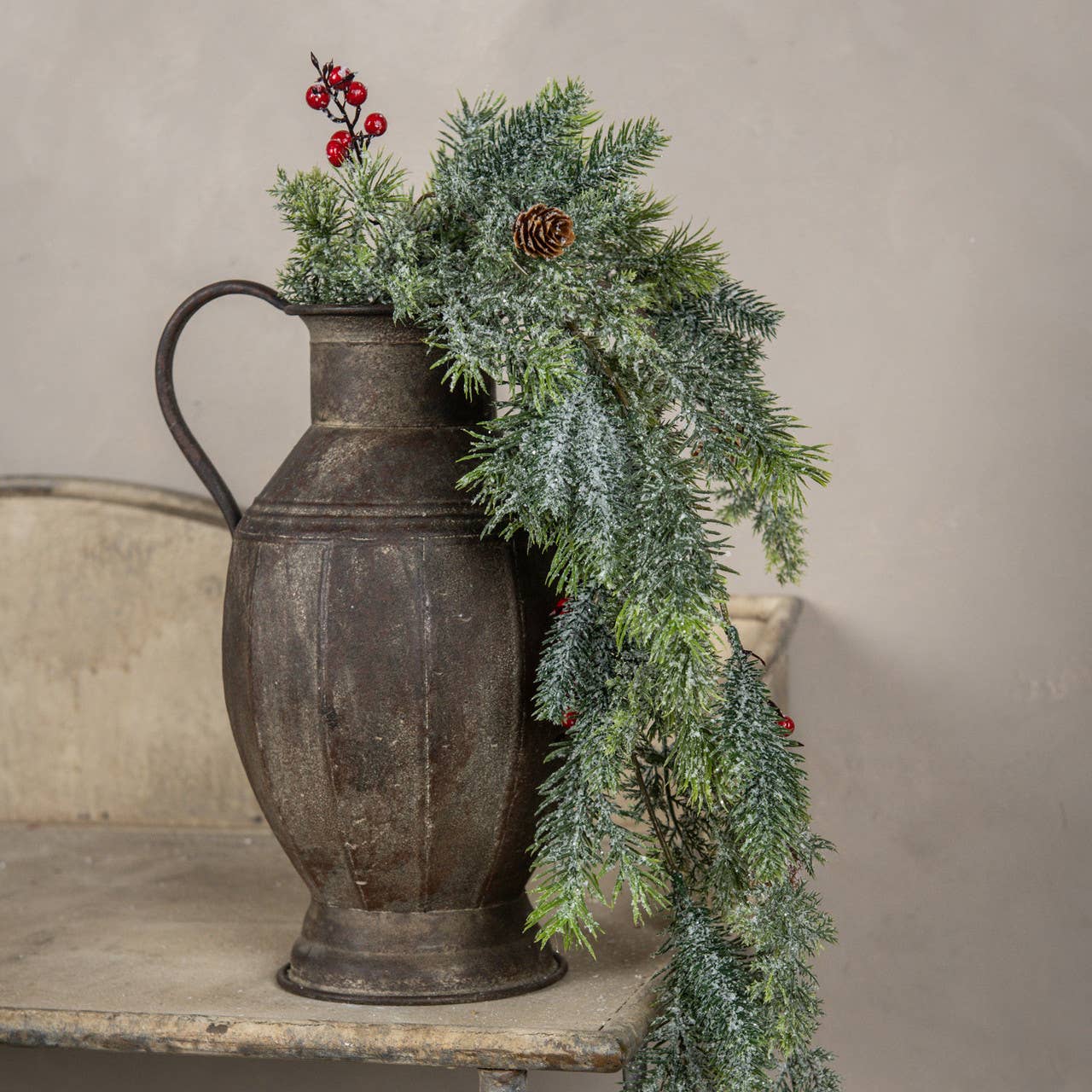 33" SNOW MIX PINE & BERRIES HANGING BUSH