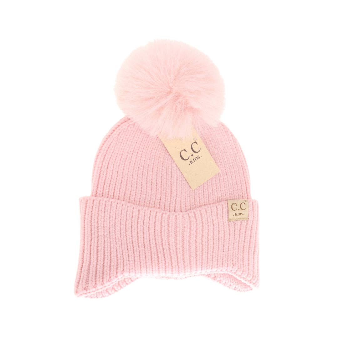 KIDS Ear Flap Double Pom C.C Beanie KDHTC0078: NEW-Sage