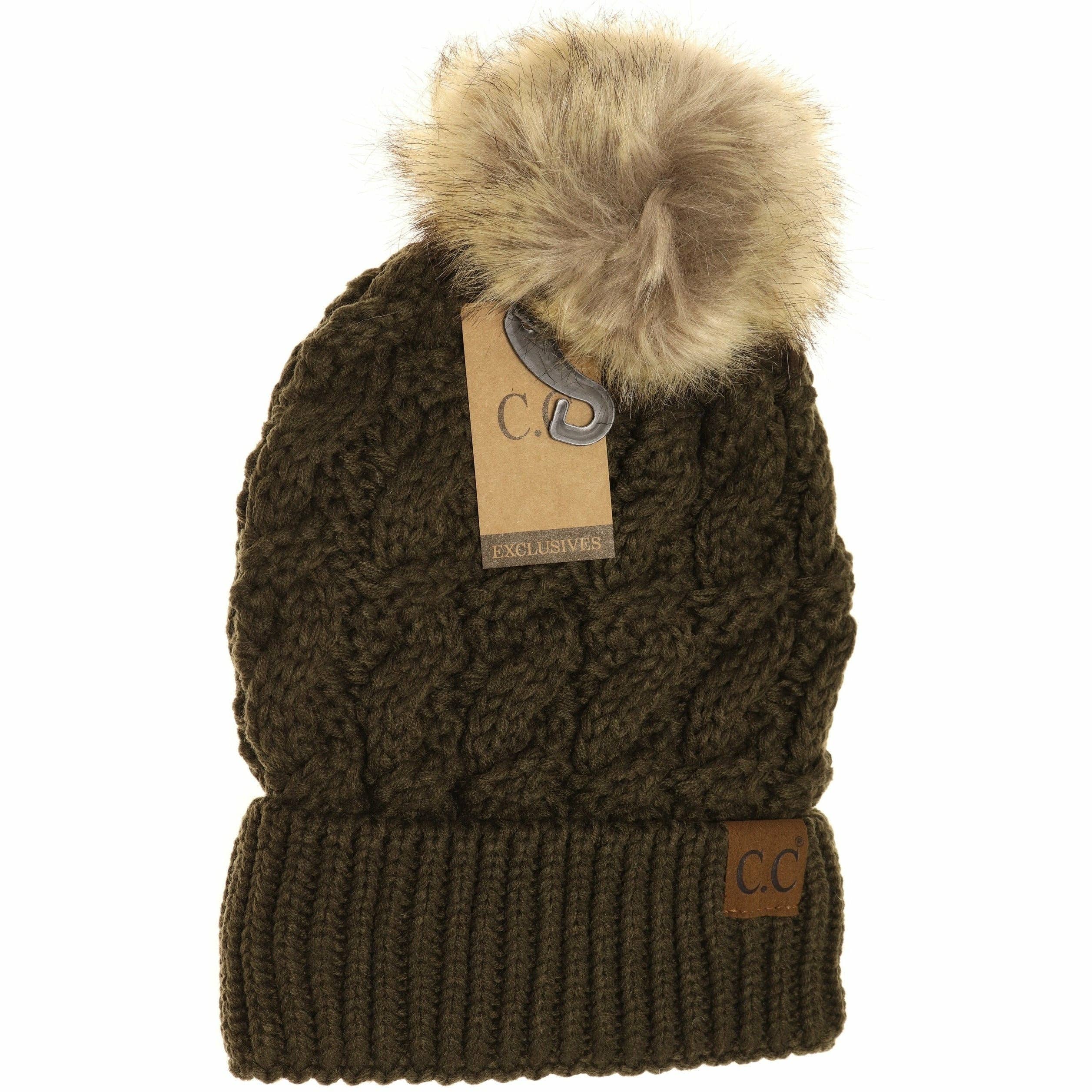 Ribbed Cable Knit Fur Pom Beanie YJ2021: Lt. Grey