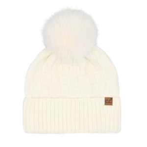 Woven Checkered Texture Pom C.C Beanie HTC0094: Beige