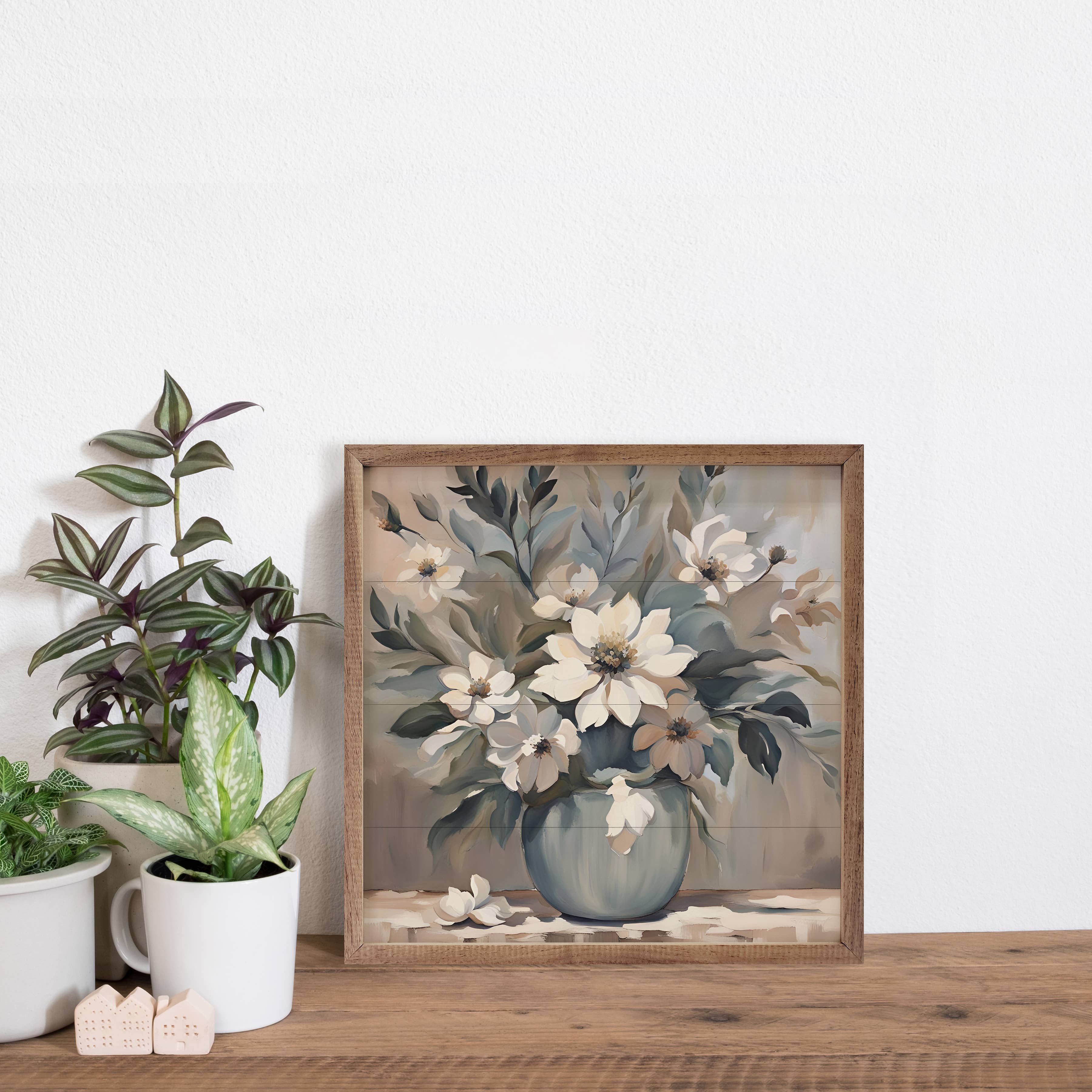 Blue And Tan Florals In Vase: 12 x 12 x 1.5