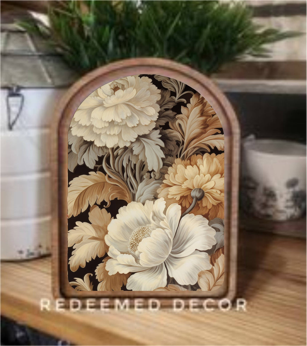 Arch Top Floral Neutral Framed Art   : 8.25x11"