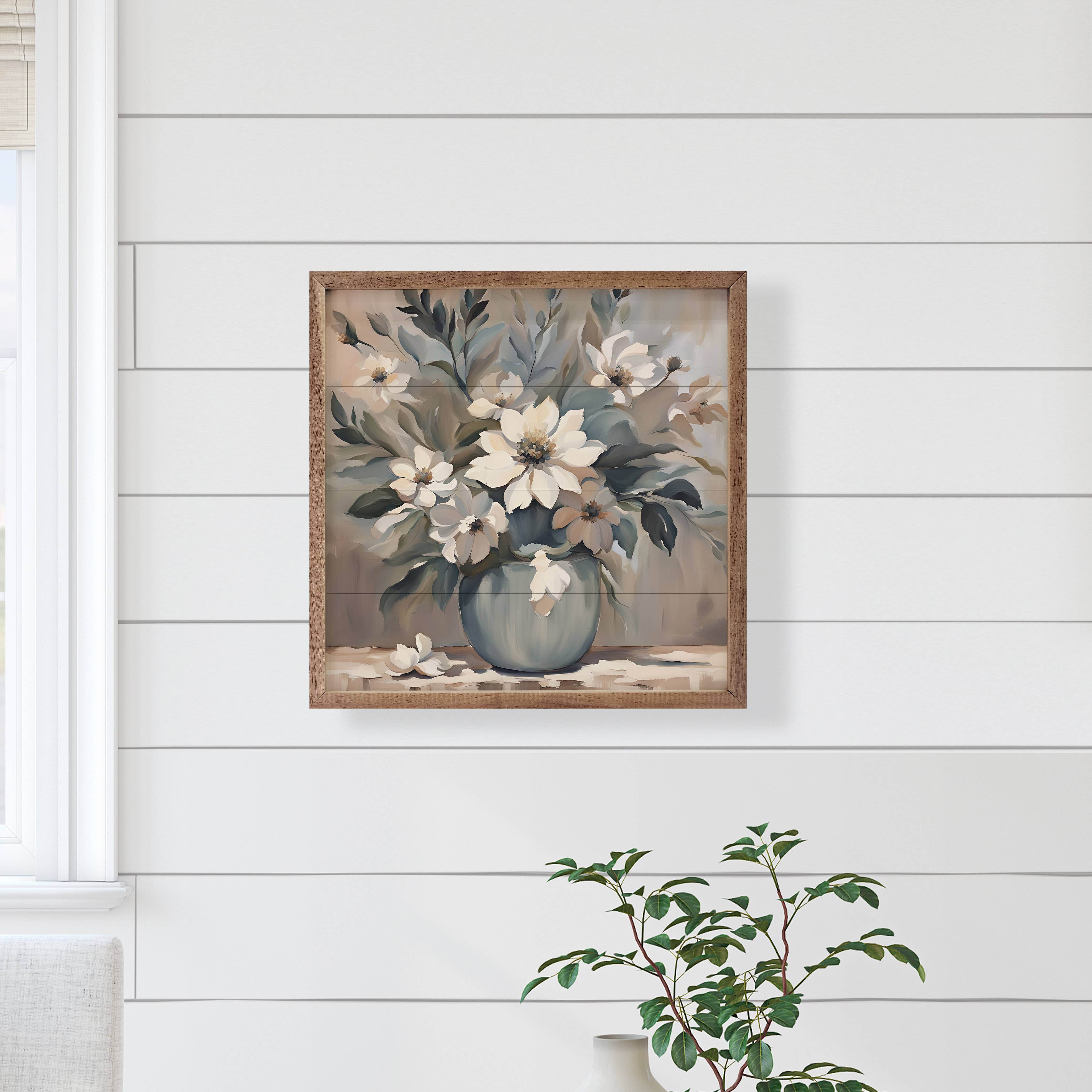 Blue And Tan Florals In Vase: 12 x 12 x 1.5