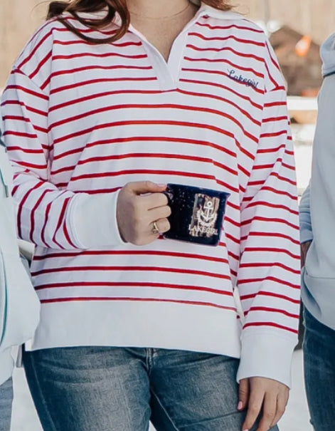 Lakegirl - Striped V-Neck Pullover - Sailor Red / White