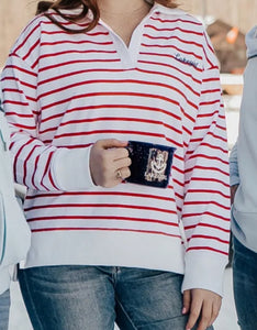 Lakegirl - Striped V-Neck Pullover - Sailor Red / White