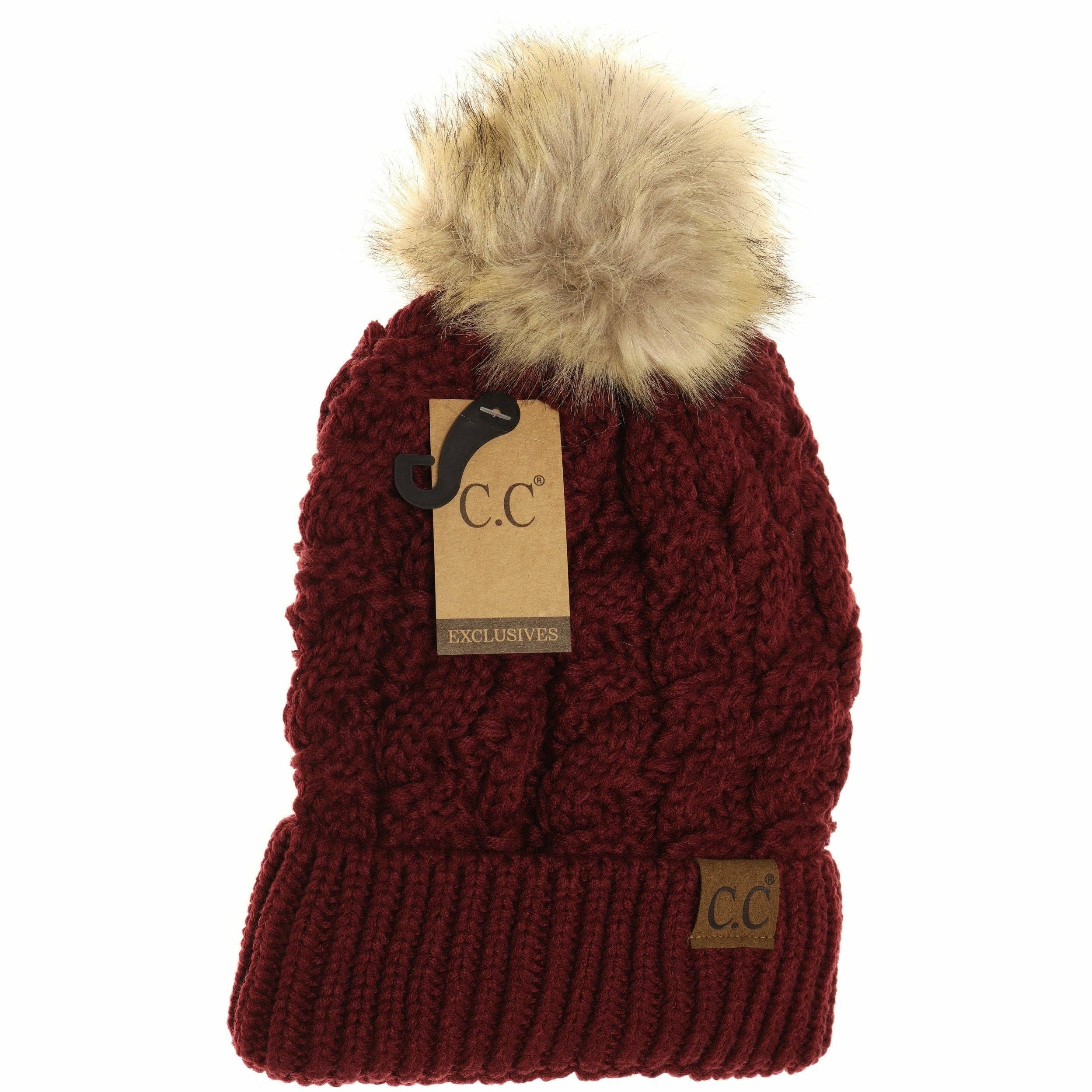 Ribbed Cable Knit Fur Pom Beanie YJ2021: Lt. Grey