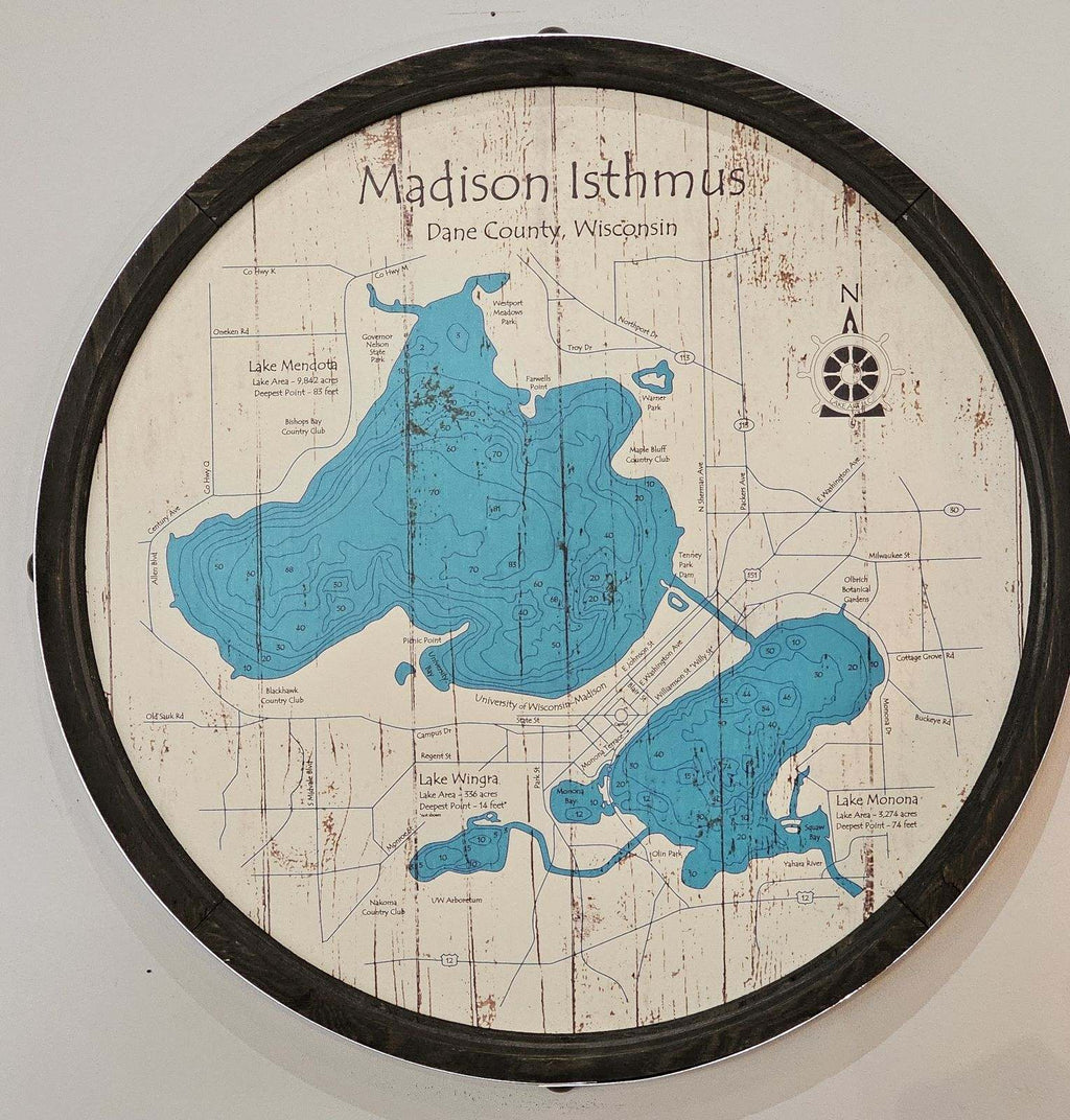 Madison Isthmus - Lake Mendota and Lake Monona - Barrel End Style Lake Art - 23" Round