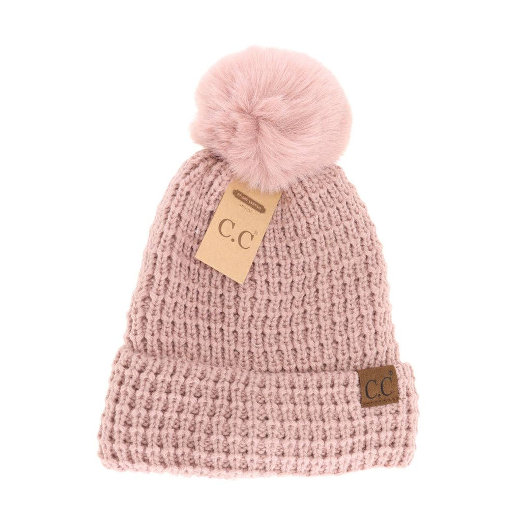 Waffle Knit Faux Fur Pom C.C Beanie HTE0032: Rose