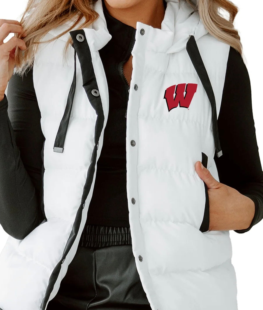 Wisconsin Badgers Iconic Play Hooded Snap Puffer Vest with Contrast Trim