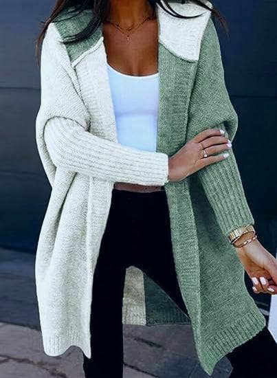 Color block sweater jacket hooded cardigan: Green cream