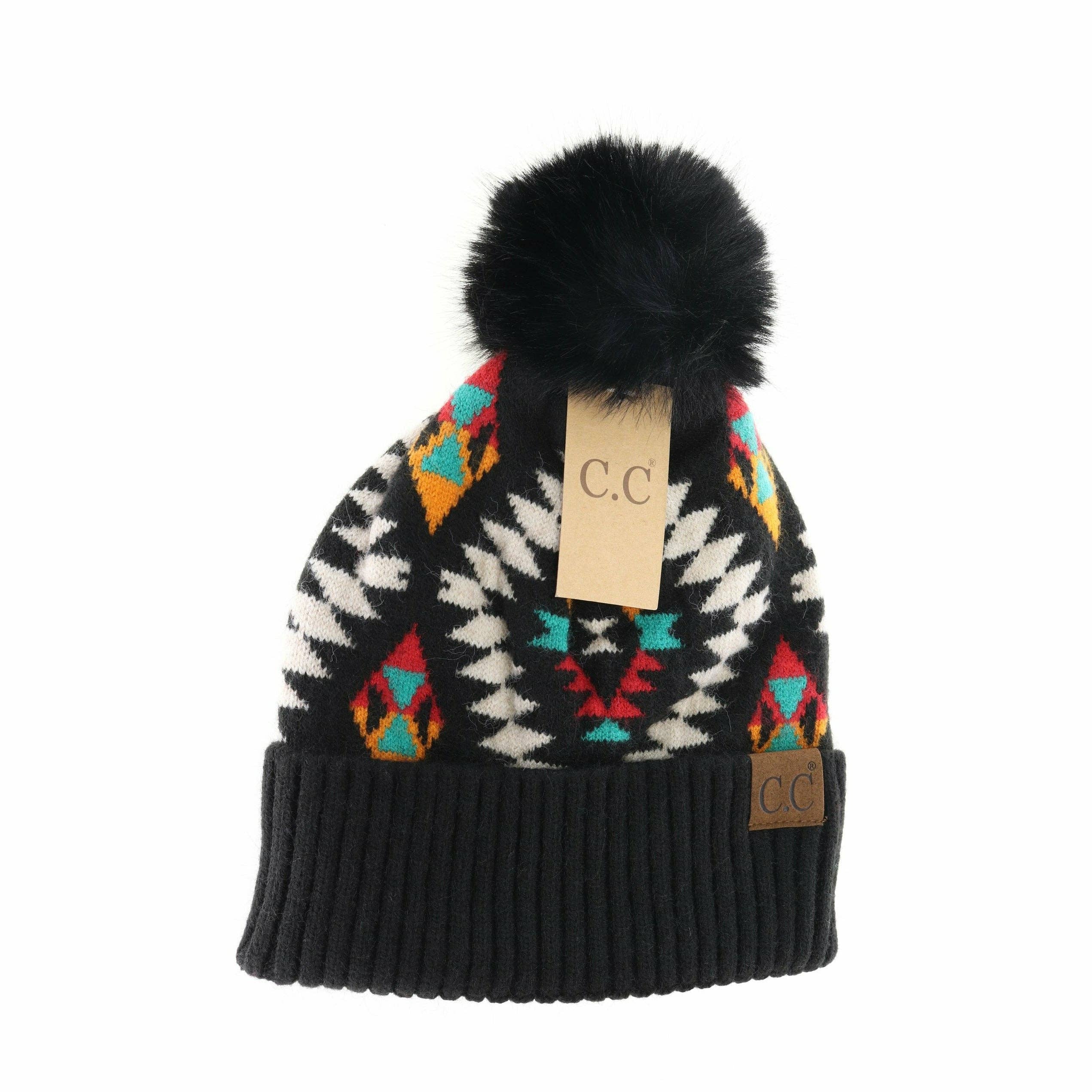Aztec Patterned Faux Fur Pom C.C Beanie HAT3001: Black