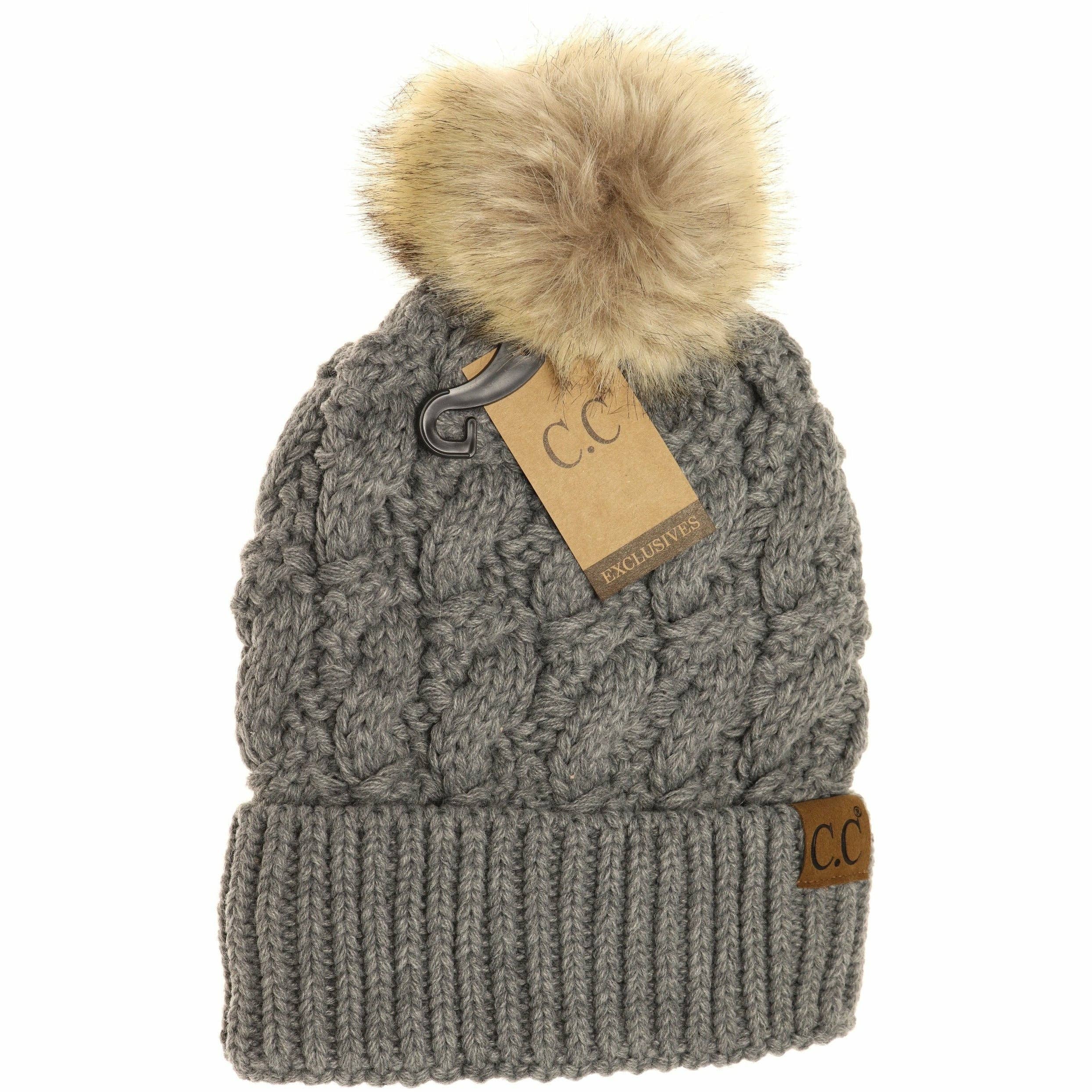 Ribbed Cable Knit Fur Pom Beanie YJ2021: Lt. Grey