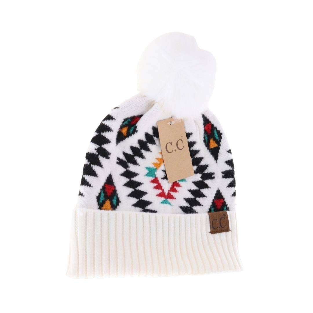 Aztec Patterned Faux Fur Pom C.C Beanie HAT3001: Taupe
