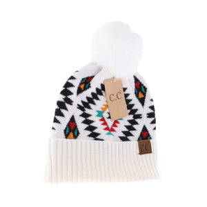 Aztec Patterned Faux Fur Pom C.C Beanie HAT3001: Taupe
